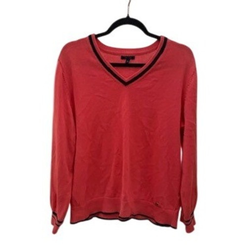 Nautica V Neck Sweater‎ Coral Pink Navy Stripe Trim Long Sleeve Women's Size L